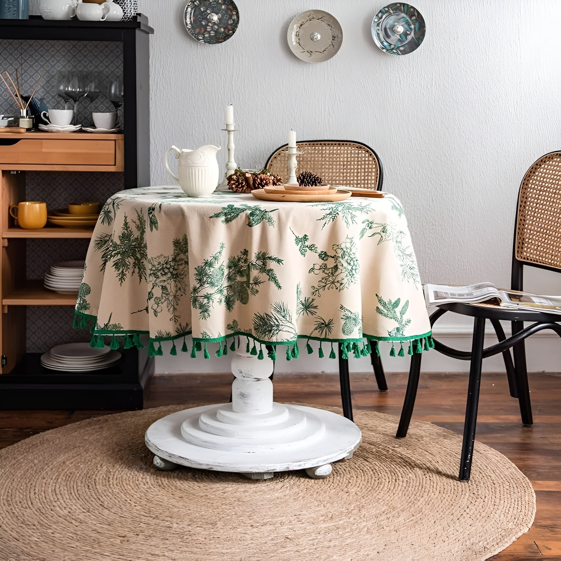 Elegant Botanical-Inspired Tablecloth with Playful Tassels