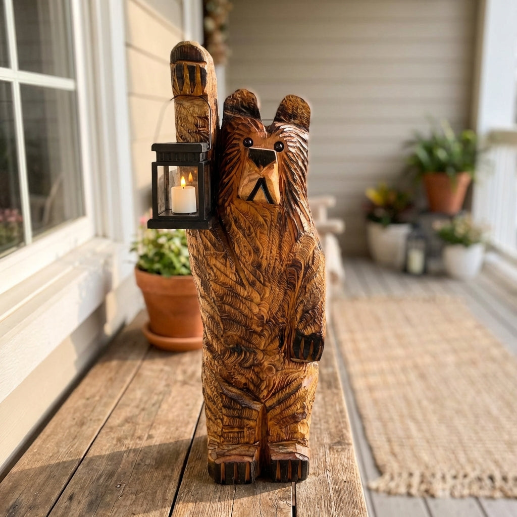 Bear-Shaped Carved Lantern Sculpture for Outdoor Decor