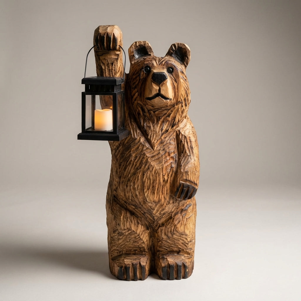 Bear-Shaped Carved Lantern Sculpture for Outdoor Decor