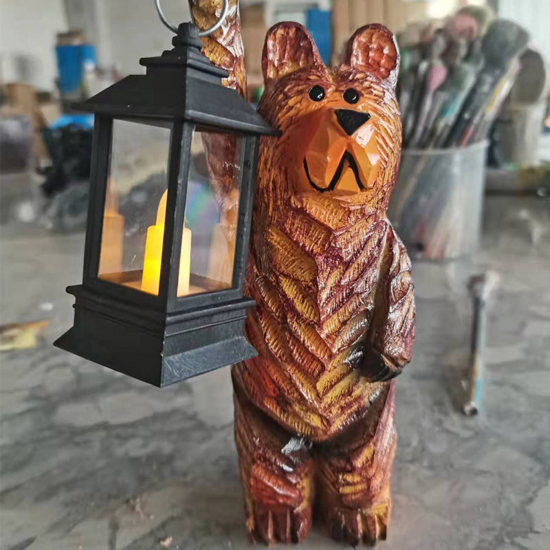 Bear-Shaped Carved Lantern Sculpture for Outdoor Decor