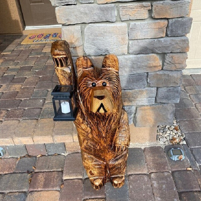 Bear-Shaped Carved Lantern Sculpture for Outdoor Decor