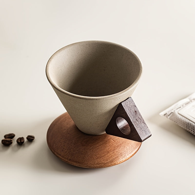 Elegant Ceramic Mug with Wooden Coaster and Precision Pour Spout