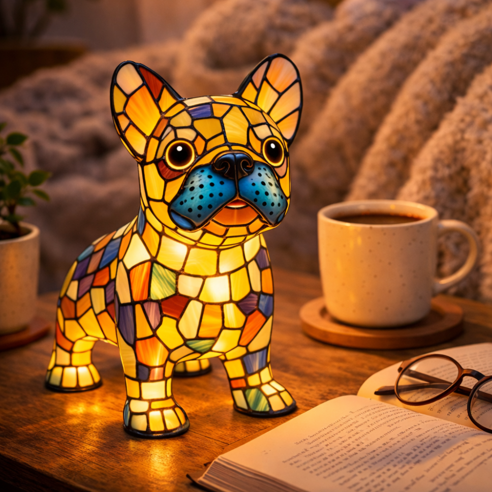 Adorable Pup Table Lamp | LED Night Light with Stained Glass Flair