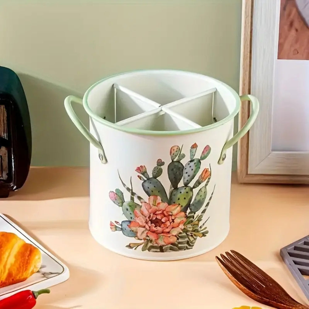 Elegant Floral Kitchen Tool Holder with Divider Lid