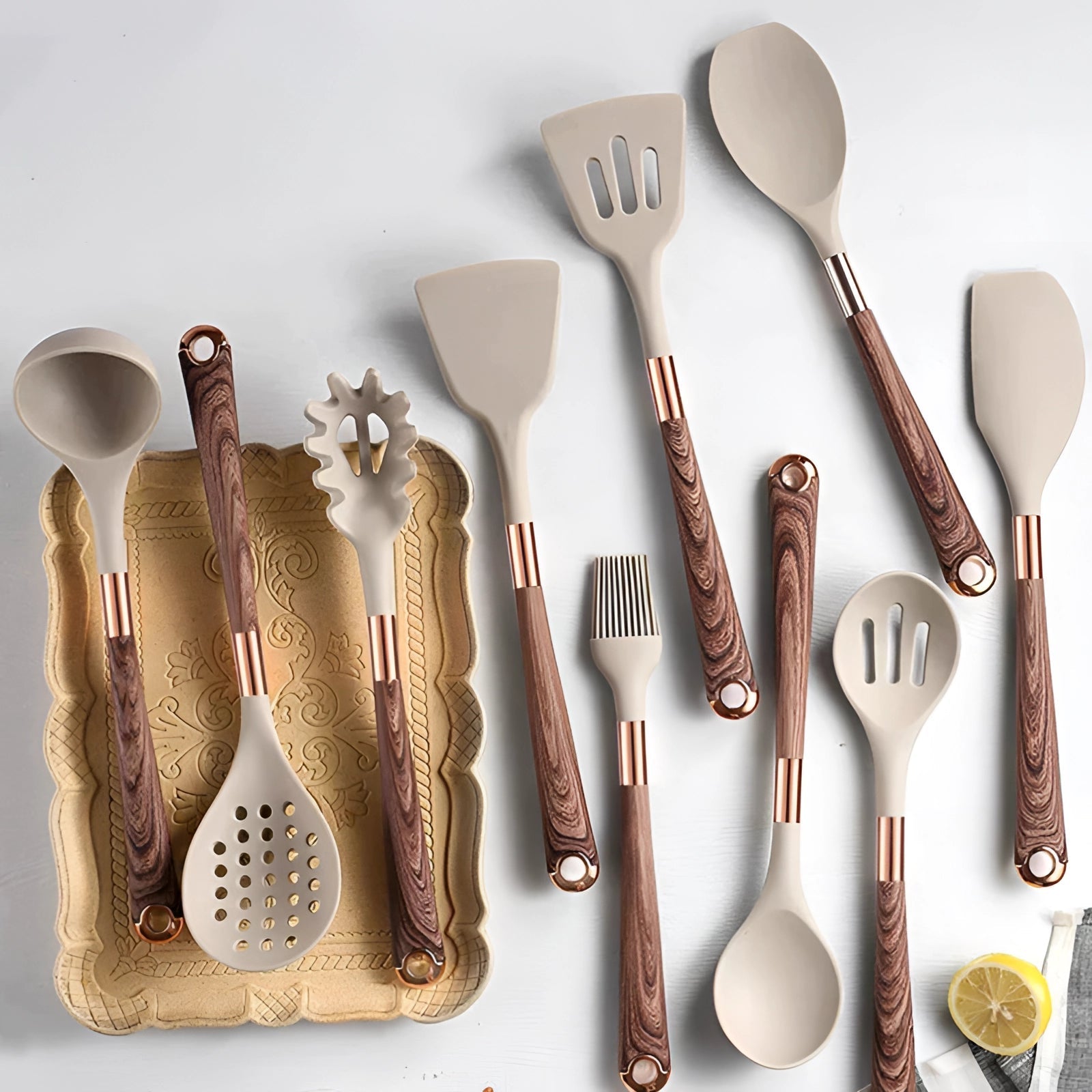 Gourmet Kitchen Essential Toolset with Elegant Copper Accents