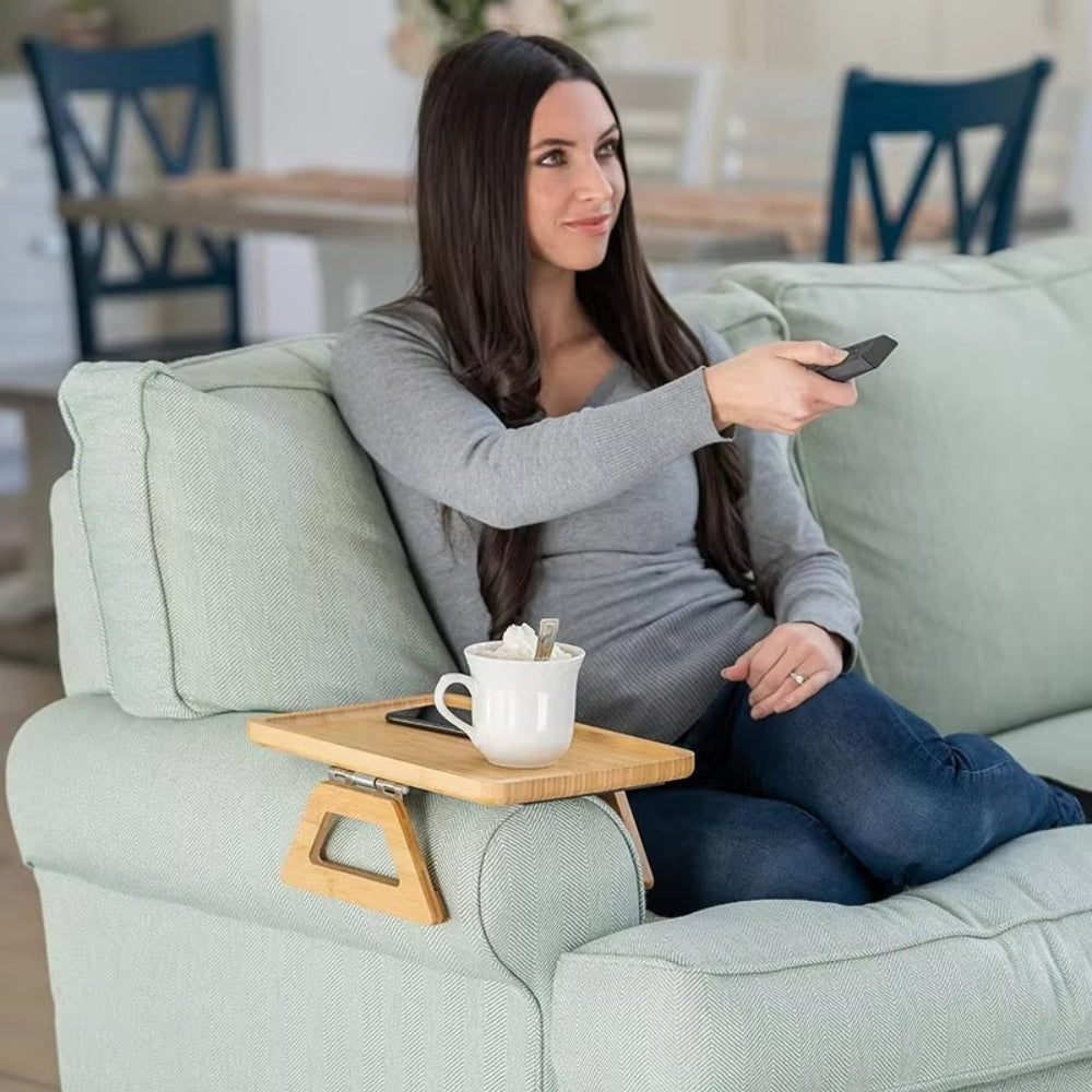 Versatile Clip-On Arm Tray for Sofas, Elegant Bamboo Design