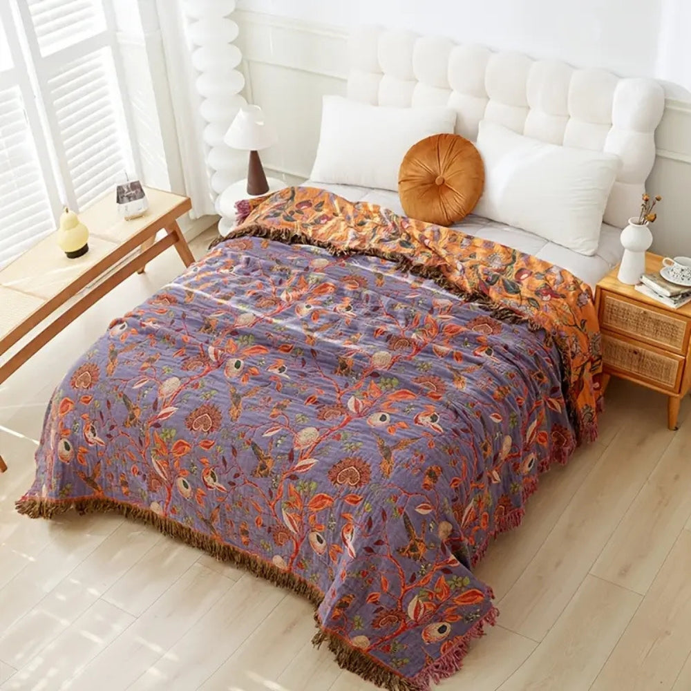 Elegant Reversible Floral Throw Blanket with Tassels
