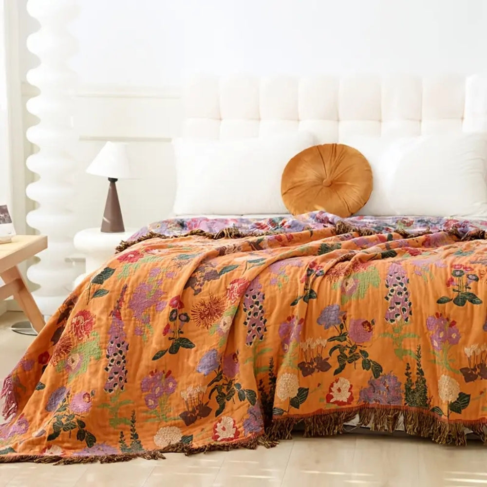 Elegant Reversible Floral Throw Blanket with Tassels