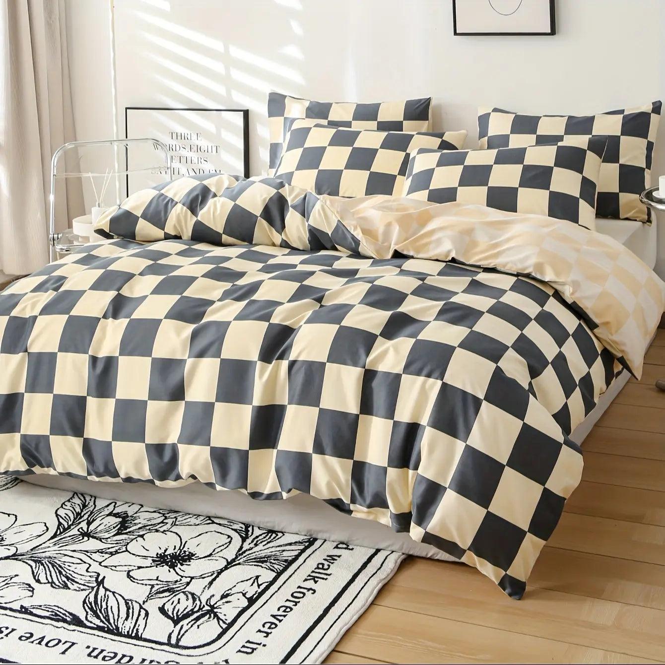 3-Piece Bedding Set Checkered Microfiber Zipper Closure