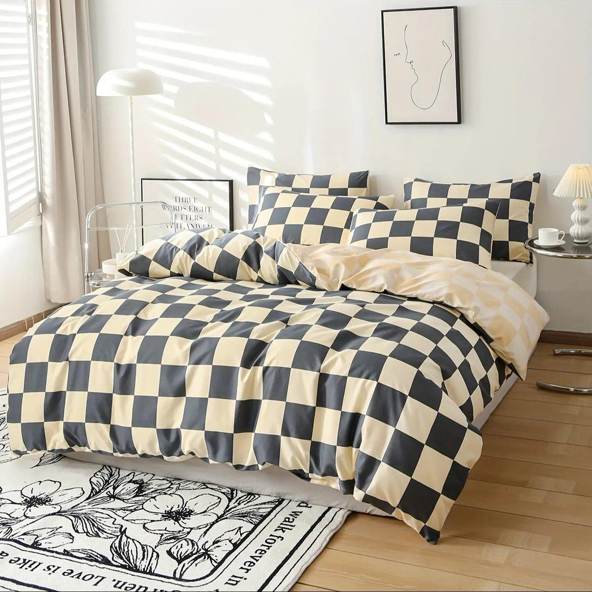 3-Piece Bedding Set Checkered Microfiber Zipper Closure