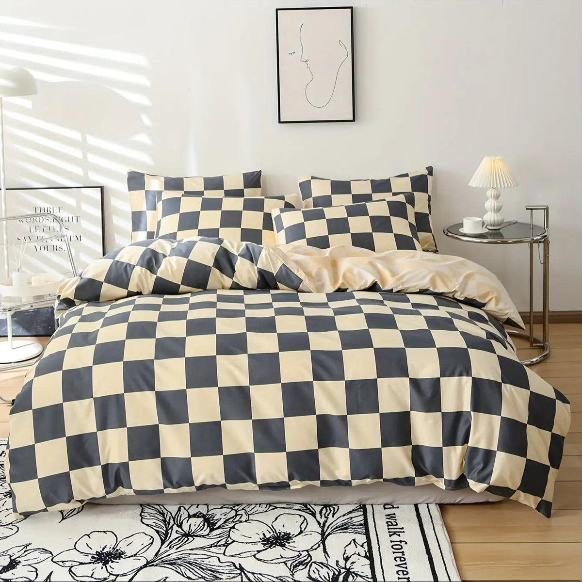 3-Piece Bedding Set Checkered Microfiber Zipper Closure