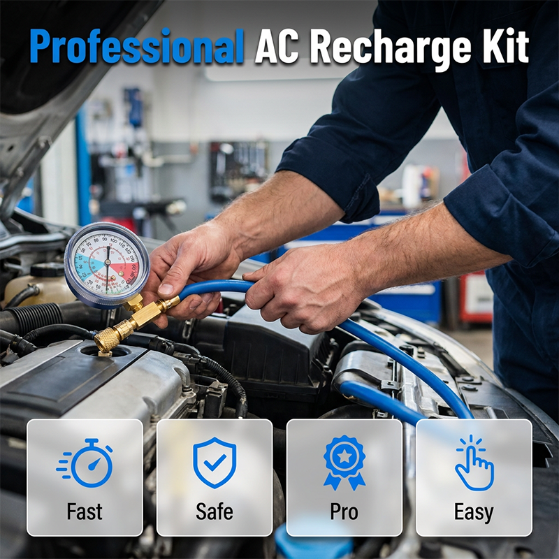 AC Refill Hose Universal Refrigerant Color-Coded Gauge Quick-Connect Fittings