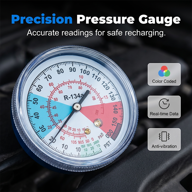 AC Refill Hose Universal Refrigerant Color-Coded Gauge Quick-Connect Fittings