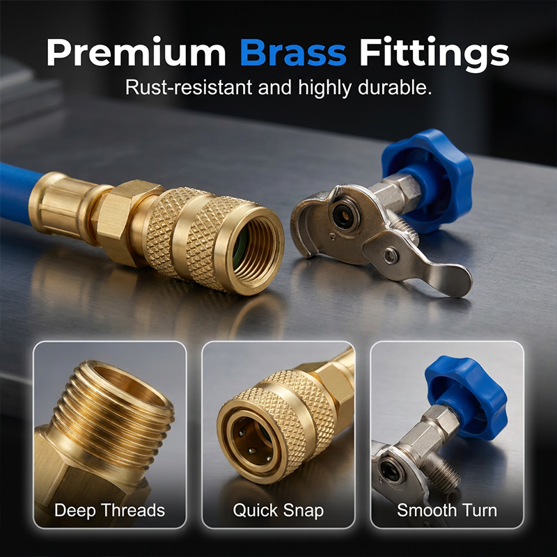 AC Refill Hose Universal Refrigerant Color-Coded Gauge Quick-Connect Fittings