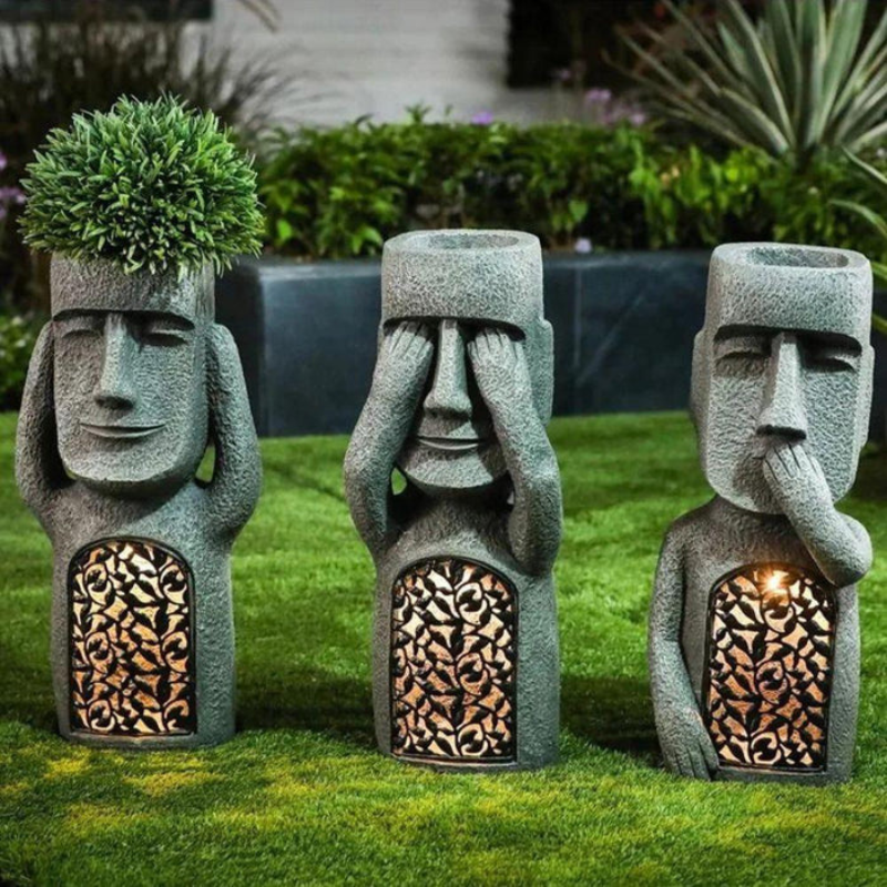 Abstract Face Planter Integrated Solar LED Weatherproof Stone Finish