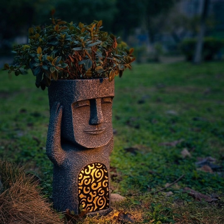Abstract Face Planter Integrated Solar LED Weatherproof Stone Finish
