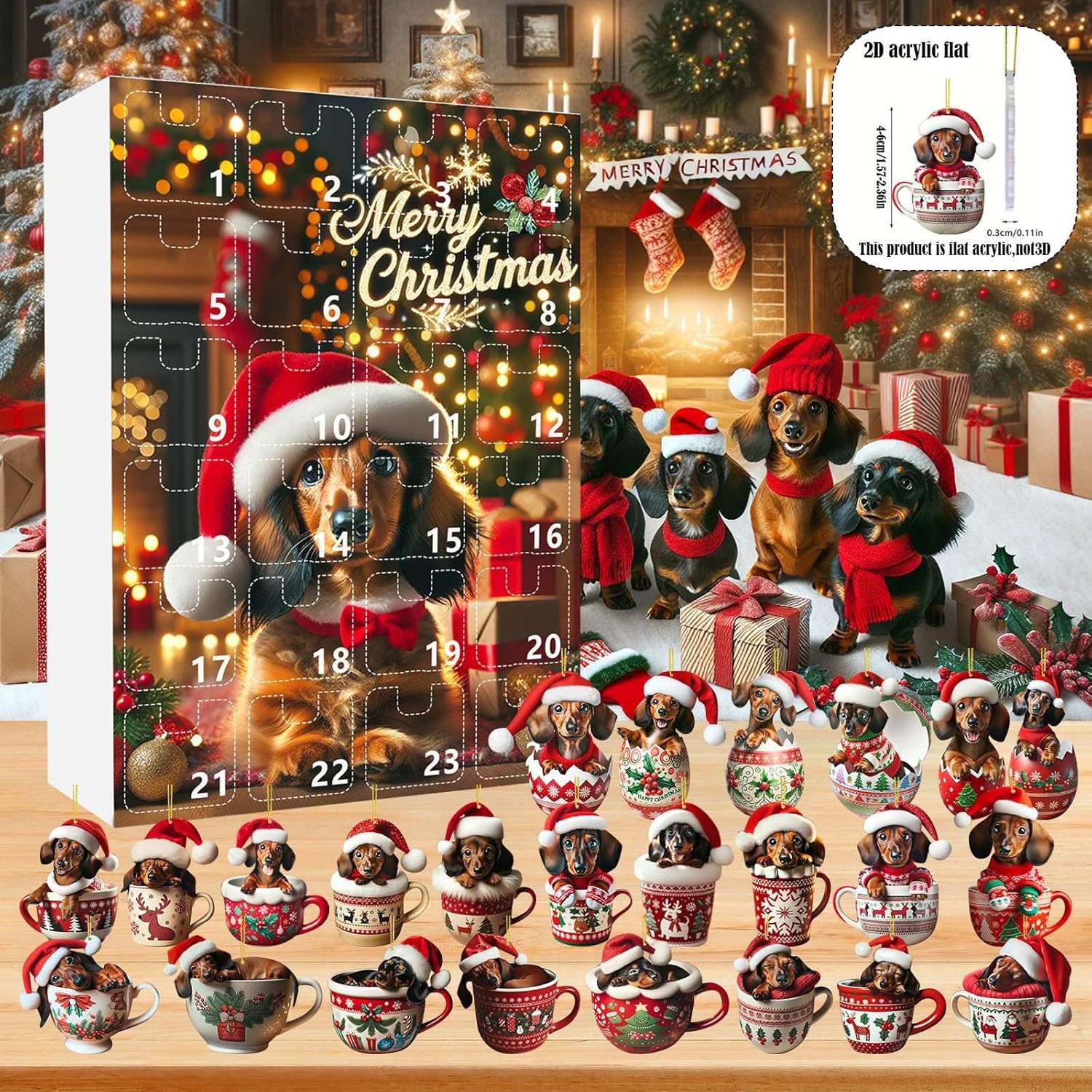 Advent Calendar 24 Dachshund Charms Shatterproof Acrylic