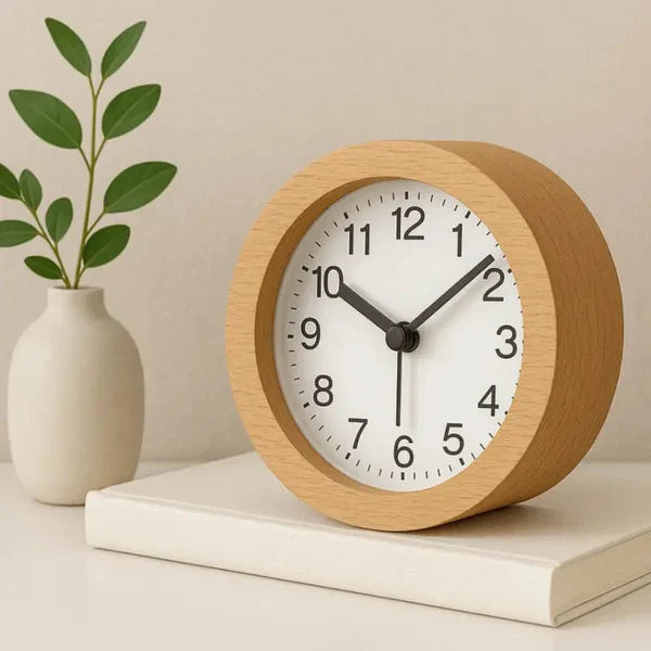 Alarm Clock Beech Wood Silent Movement LED Night Light