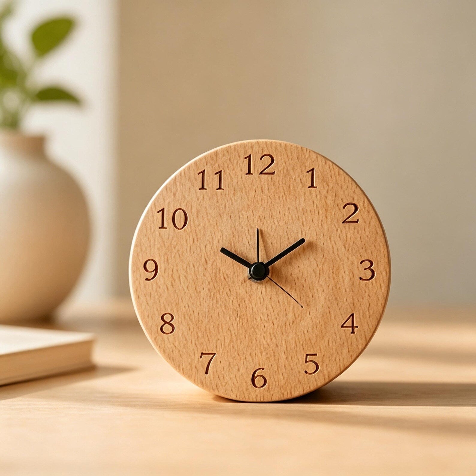 Alarm Clock Beech Wood Silent Quartz Snooze