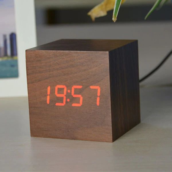 Alarm Clock Sound-Activated LED Bamboo Cube Battery Operated