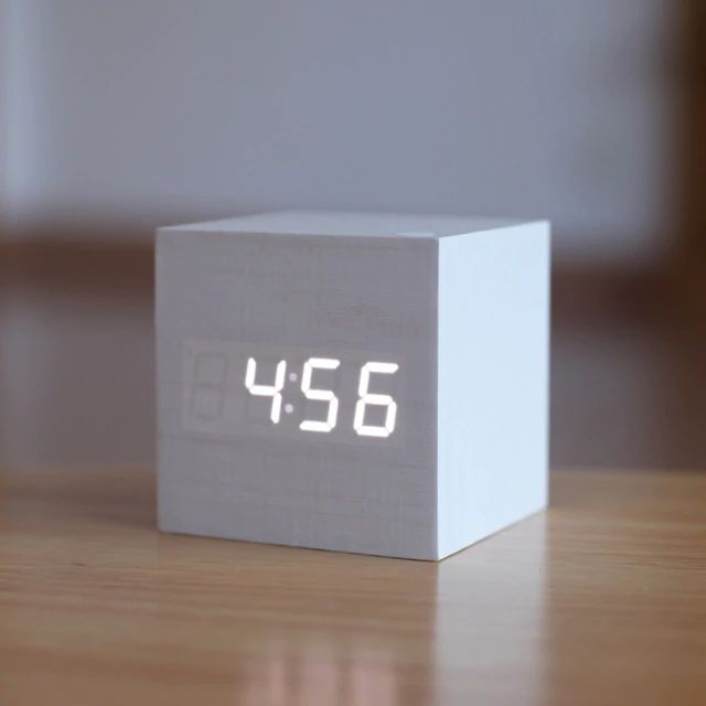 Alarm Clock Sound-Activated LED Bamboo Cube Battery Operated