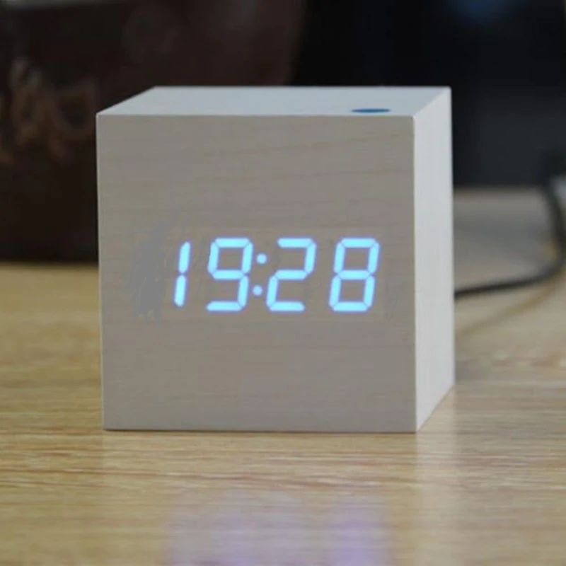 Alarm Clock Sound-Activated LED Bamboo Cube Battery Operated