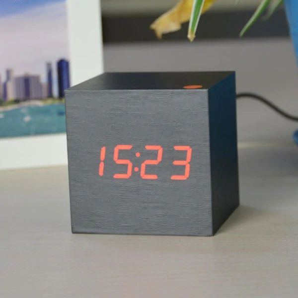 Alarm Clock Sound-Activated LED Bamboo Cube Battery Operated