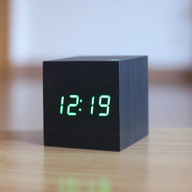 Alarm Clock Sound-Activated LED Bamboo Cube Battery Operated