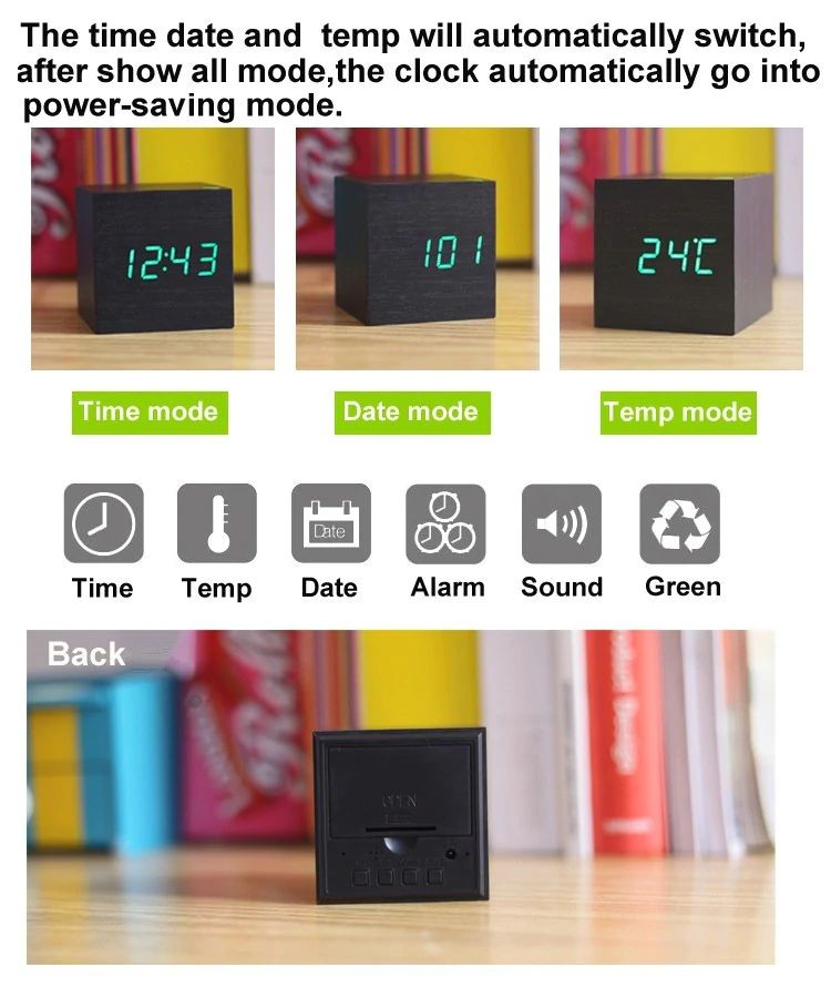 Alarm Clock Sound-Activated LED Bamboo Cube Battery Operated