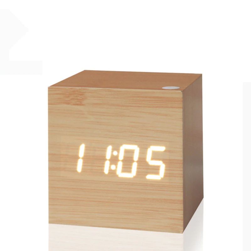 Alarm Clock Sound-Activated LED Bamboo Cube Battery Operated