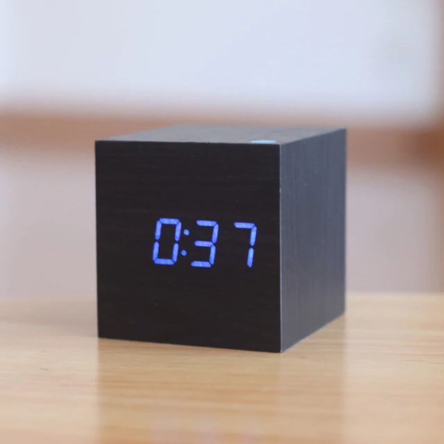 Alarm Clock Sound-Activated LED Bamboo Cube Battery Operated