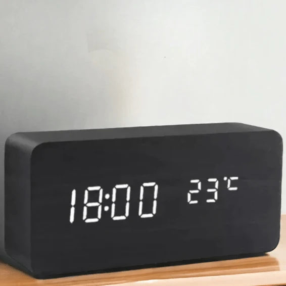 Alarm Clock Voice-Activated LED Wood Case USB & Battery