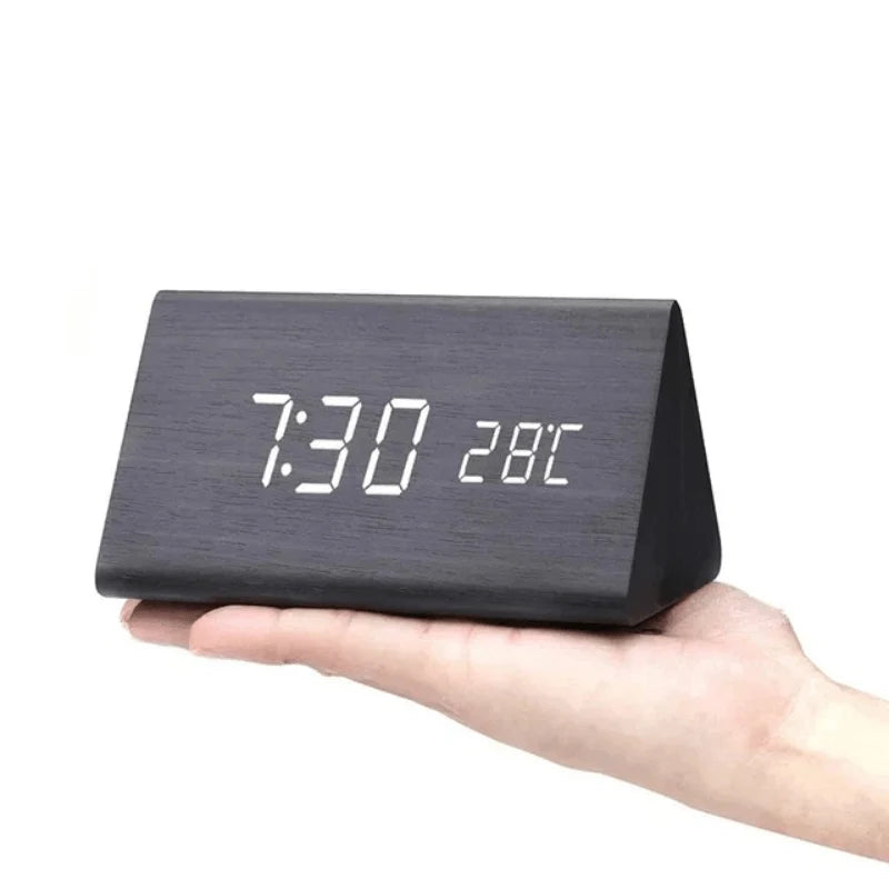 Alarm Clock Voice-Activated LED Wood Case USB & Battery