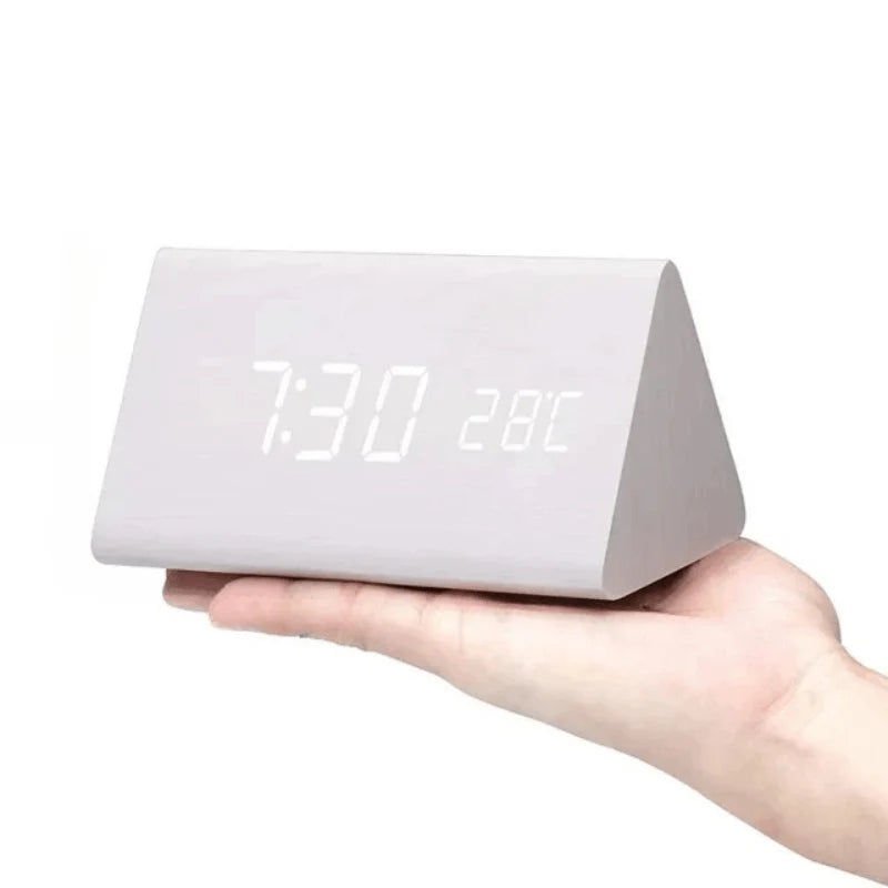 Alarm Clock Voice-Activated LED Wood Case USB & Battery