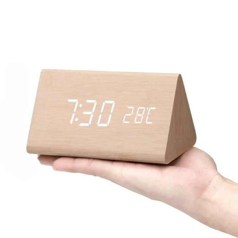 Alarm Clock Voice-Activated LED Wood Case USB & Battery