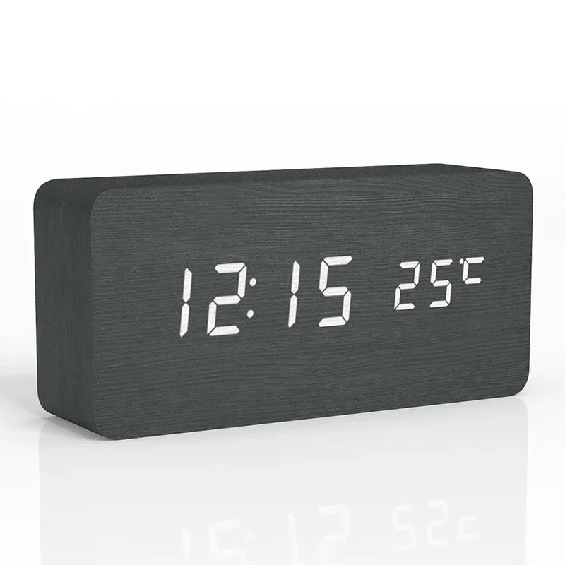 Alarm Clock Wood Finish LED Time & Temperature