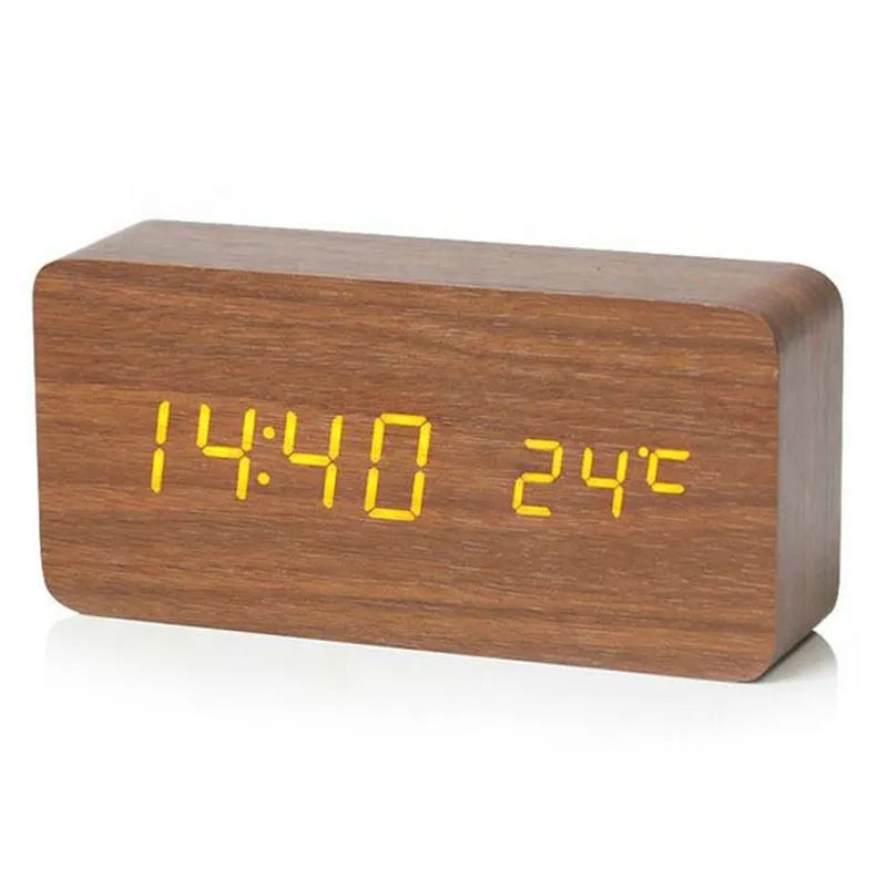 Alarm Clock Wood Finish LED Time & Temperature