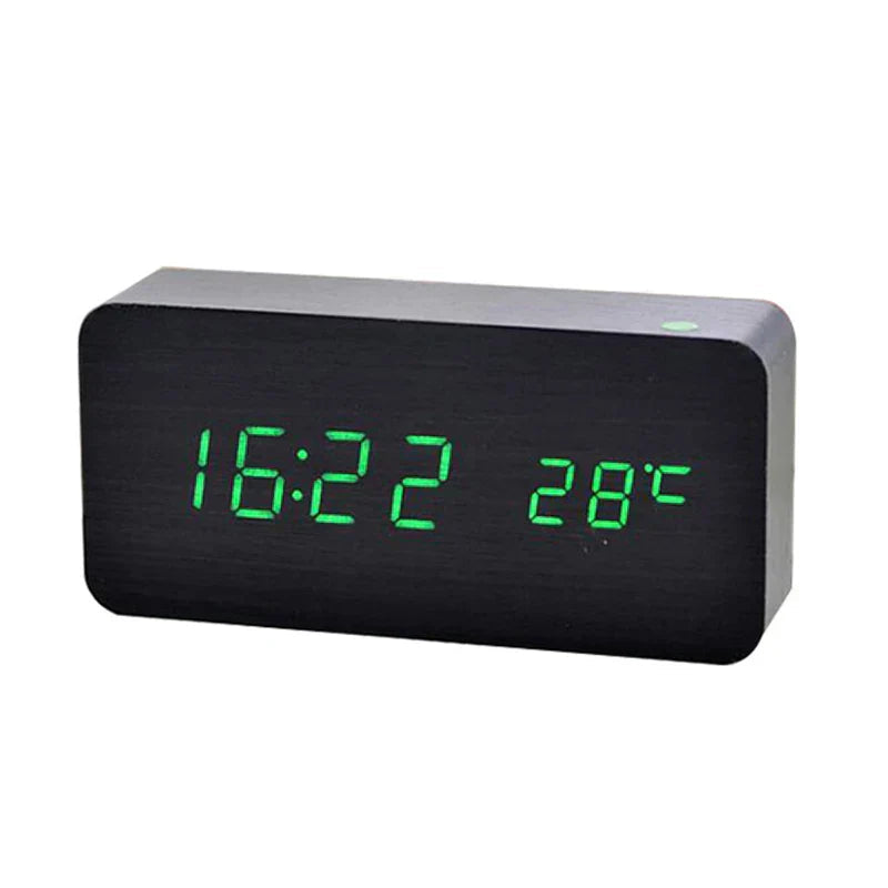 Alarm Clock Wood Finish LED Time & Temperature