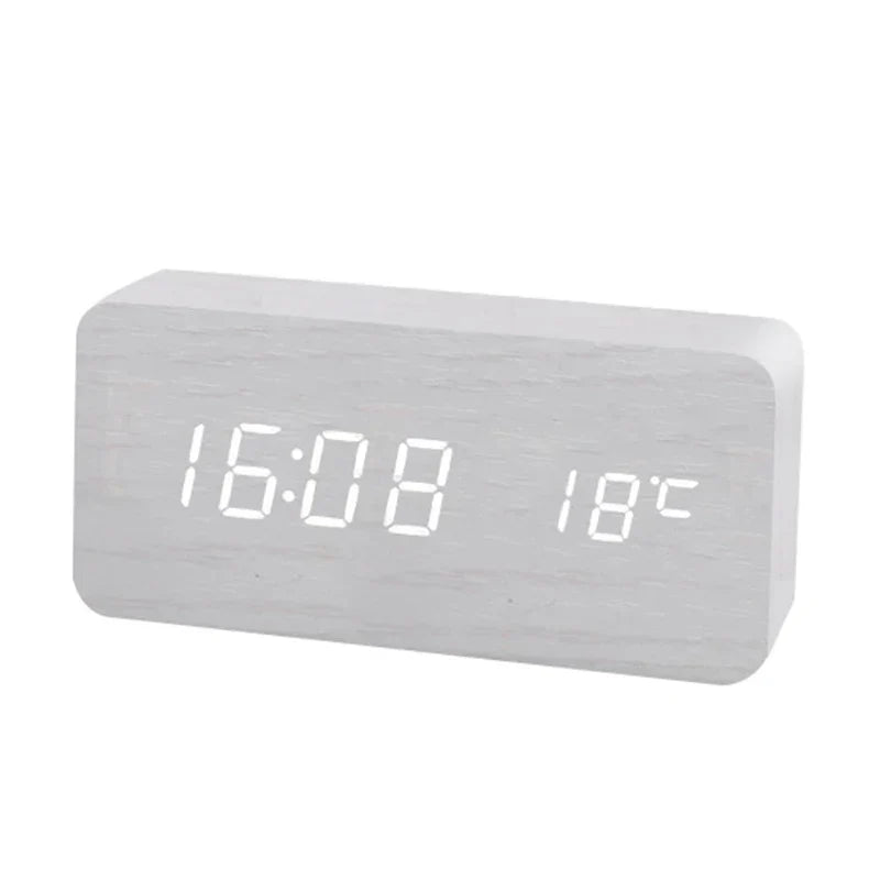 Alarm Clock Wood Finish LED Time & Temperature