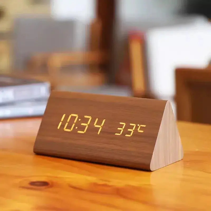 Alarm Clock Wood Look LED Voice Control Temperature Display