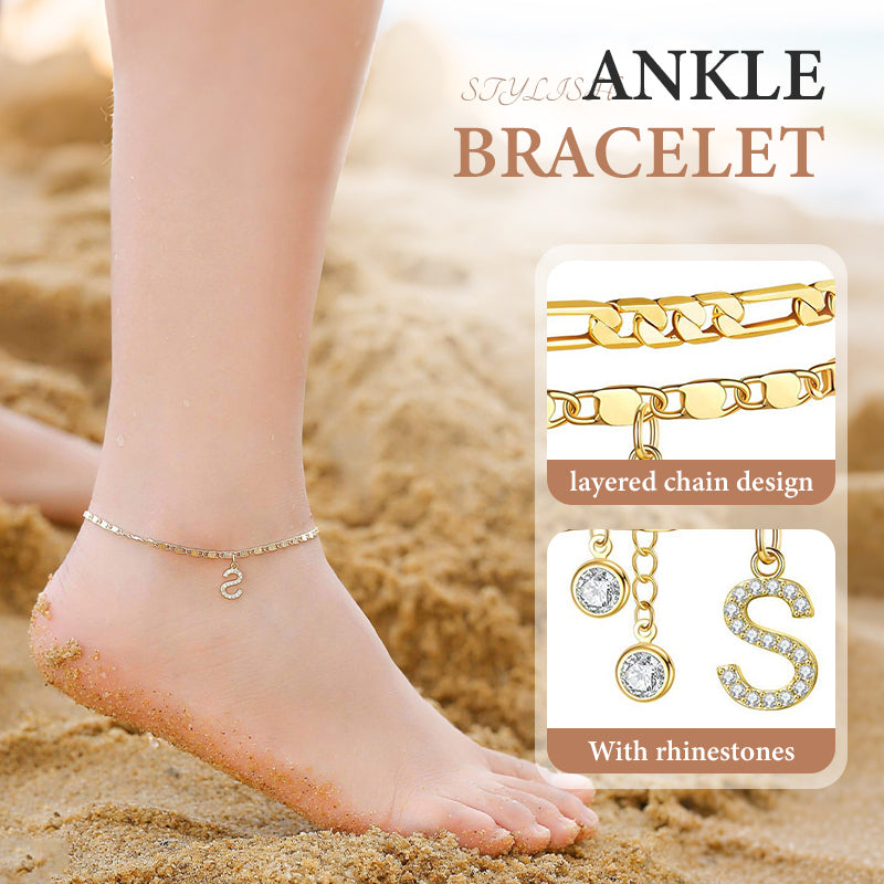 Anklet Layered Chain Electroplated Gold & Rhinestones Adjustable Clasp