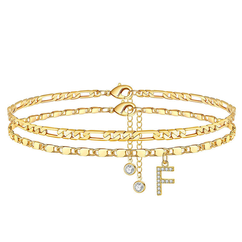 Anklet Layered Chain Electroplated Gold & Rhinestones Adjustable Clasp