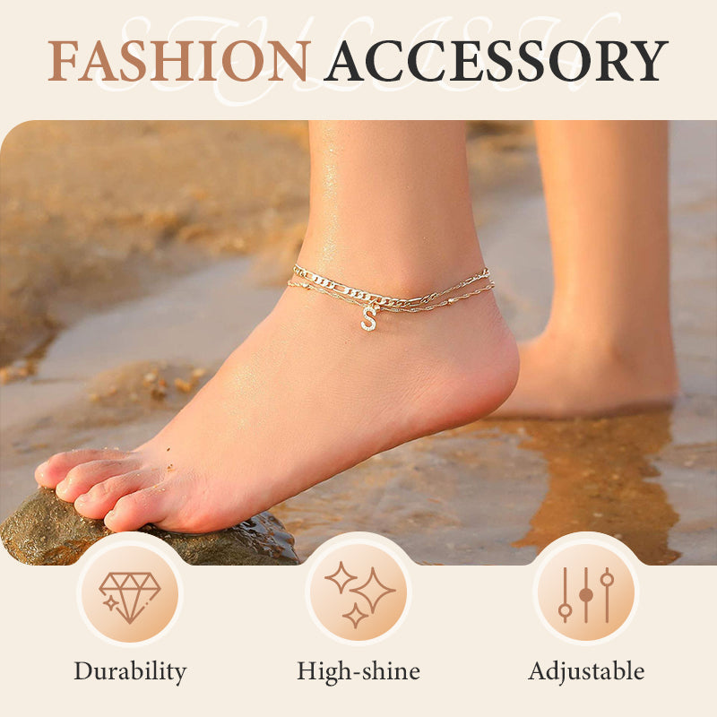 Anklet Layered Chain Electroplated Gold & Rhinestones Adjustable Clasp
