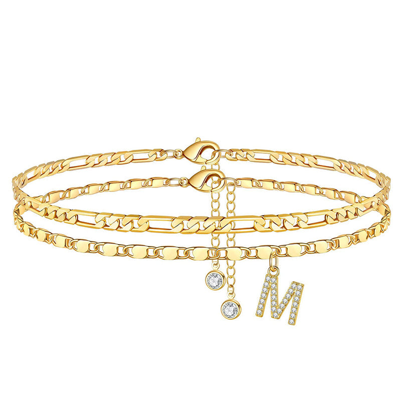 Anklet Layered Chain Electroplated Gold & Rhinestones Adjustable Clasp