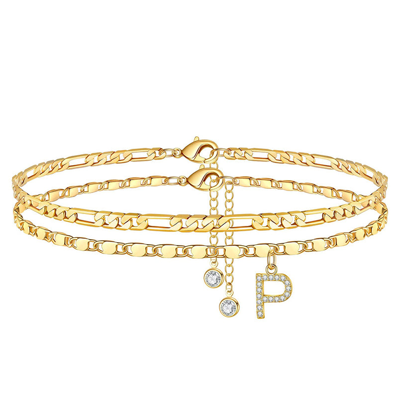 Anklet Layered Chain Electroplated Gold & Rhinestones Adjustable Clasp