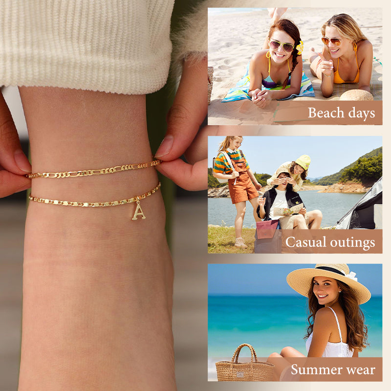 Anklet Layered Chain Electroplated Gold & Rhinestones Adjustable Clasp