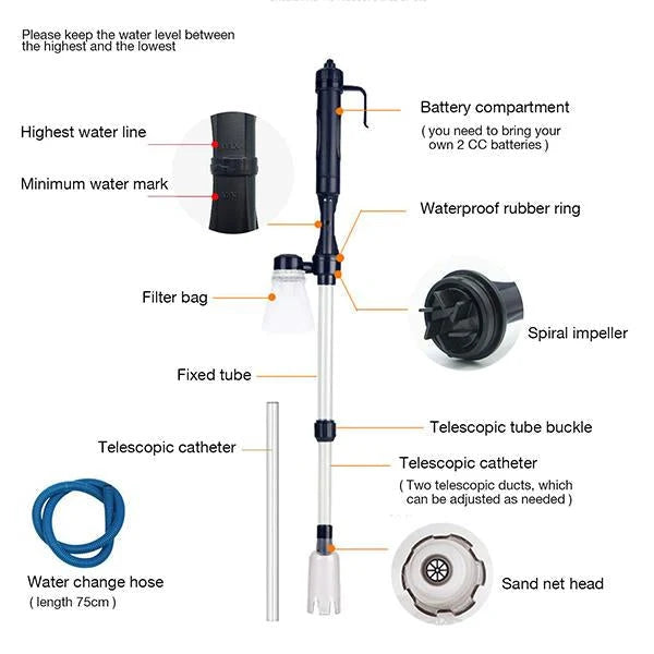 Aquarium Gravel Cleaner Battery-Powered Fine Filter Bag Adjustable Pipe