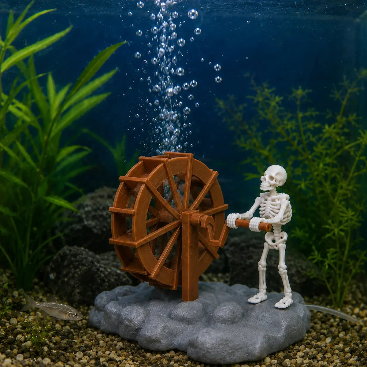 Aquarium Ornament Skeleton Water Wheel Air-Powered Weighted Base Fish-Safe