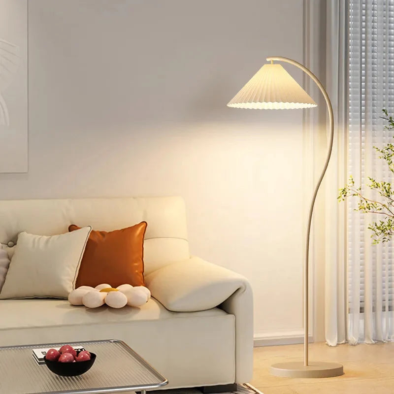 Arc Floor Lamp Pleated Cream Shade LED Bulb Included