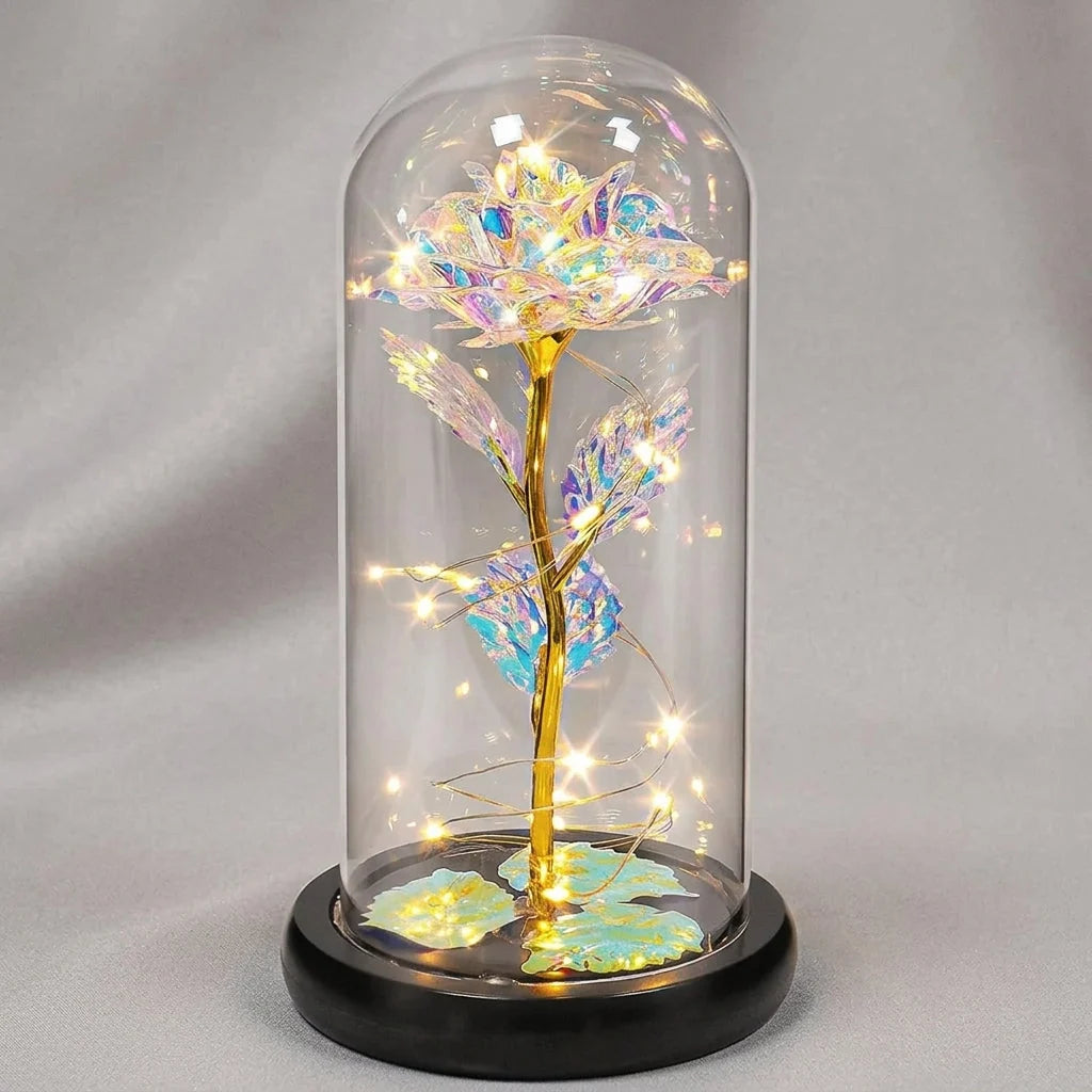 Artificial Rose Warm White LED Glass Dome & Wooden Base